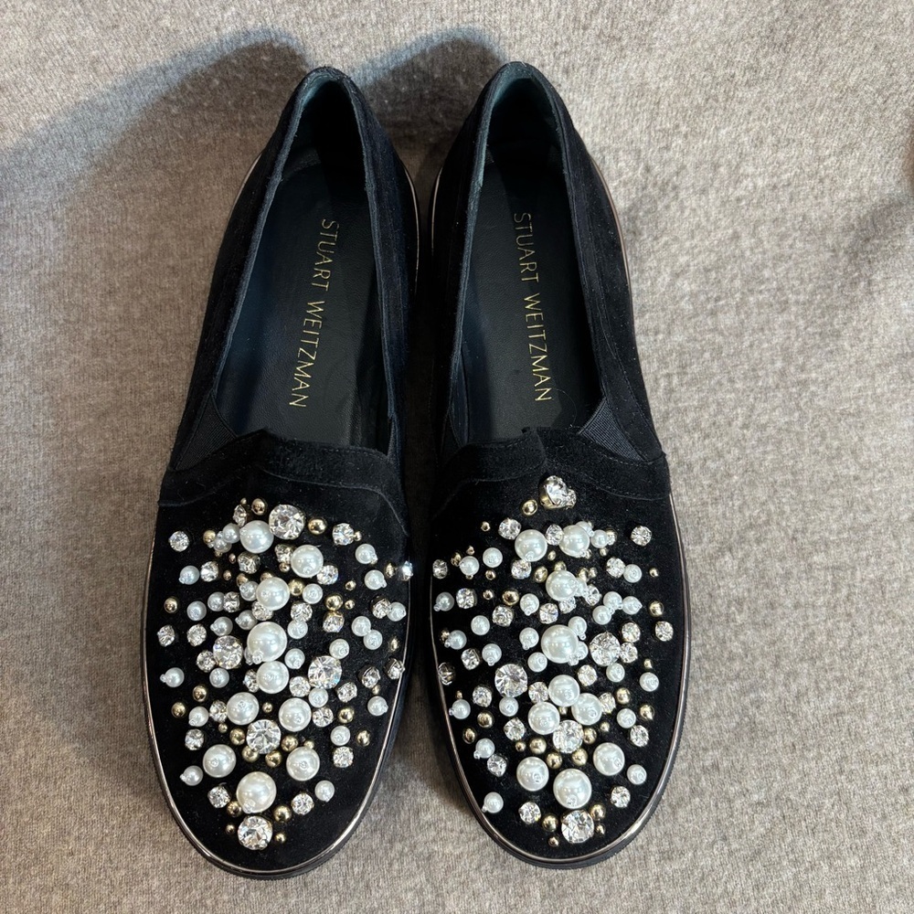 STUART WEITZMAN Sz 8 Pearl and Rhinestone Embellished Slip On Black Loafers - Picture 2 of 14